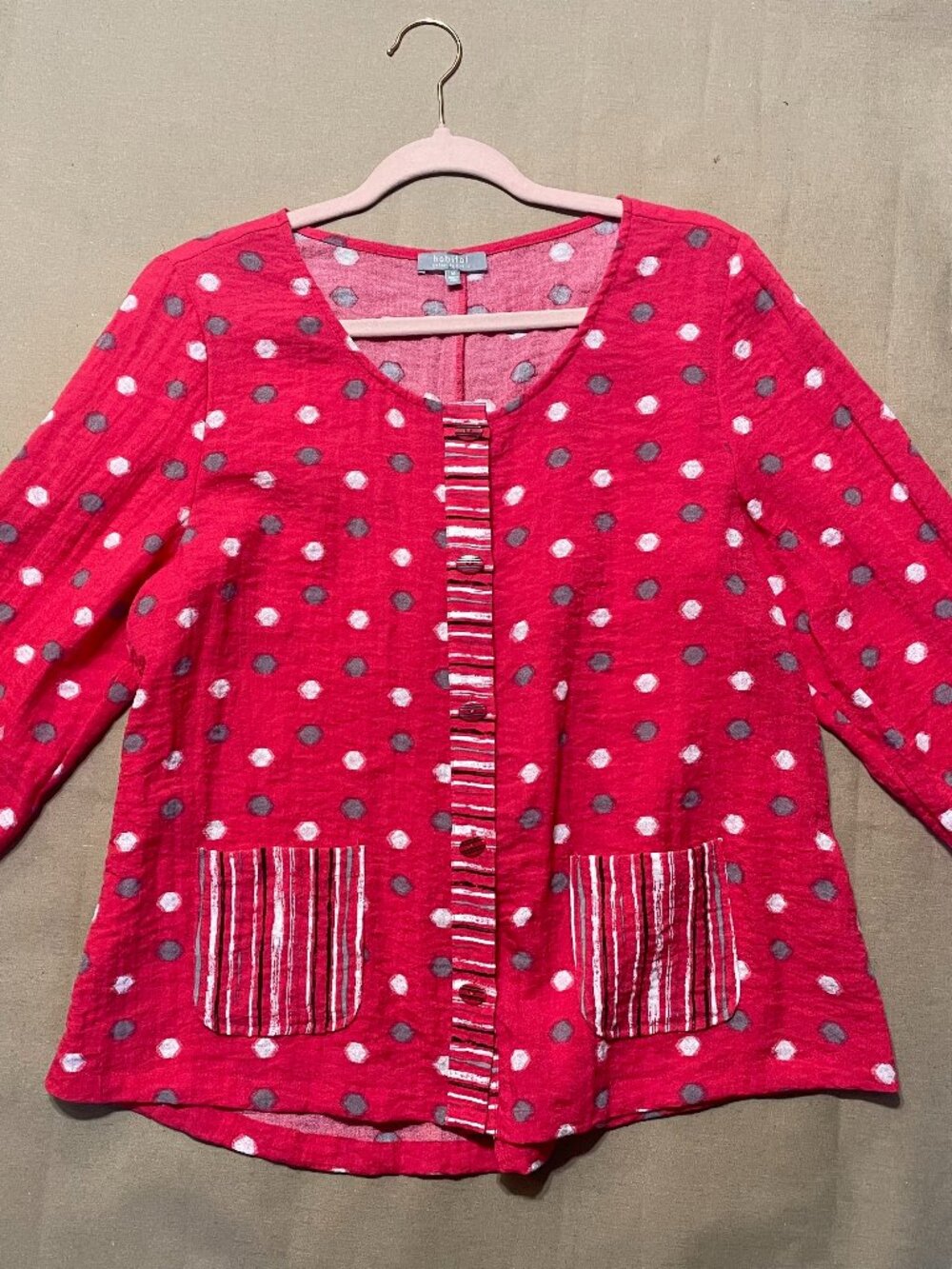 Habitat Button Blouse Size M Pink Polkadots Pockets Lightweight Artsy Patchwork